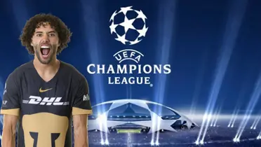 César Huerta junto al logo de la UEFA Champions League / FOTO Pumas Oficial