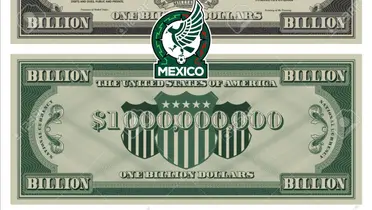 Billete de un billón de dólares, junto con escudo de la selección mexicana / 123 RF