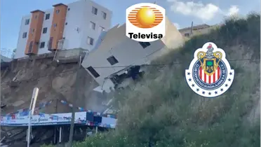 Edificio se cae desde sus cimientos, junto a esto, escudos de Televisa y Chivas / El Futbolero 