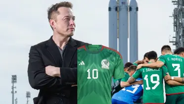 Elon Musk presentando un proyecto, junto a él foto se playera y la selección mexicana / El Futbolero 