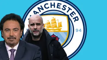 Hugo Sánchez y Pep Guardiola junto al escudo del Manchester City / FOTO Jan Kruger