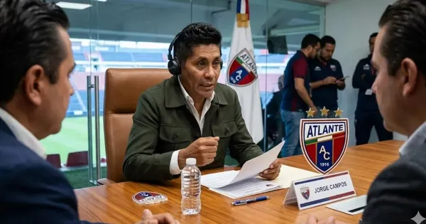 Ilustración digital de Jorge Campos negociando con la directiva del Atlante