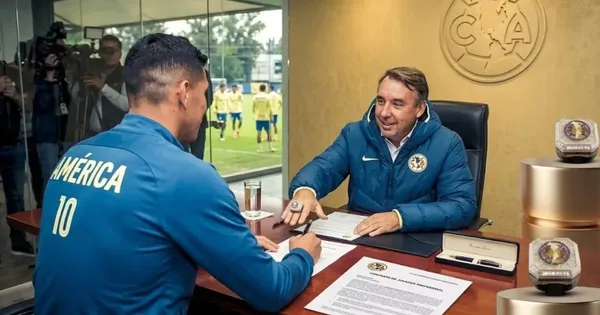 Ilustración digital de Emilio Azcárraga contratando a un jugador del América