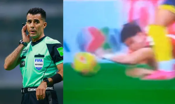Adonai Escobedo pita un juego, a la derecha, mano dentro el área no cobrada (Fuente: Mexsports y TUDN)