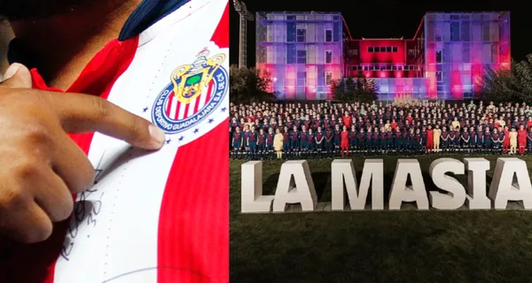 Aficionado señala el escudo de Chivas, a la derecha, una foto panorámica de la Masía (Fuente: Chivas y Diario Crónica)