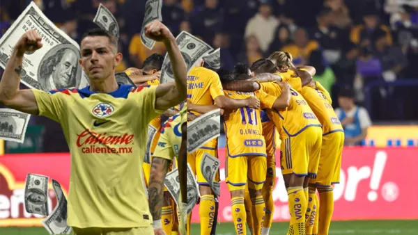 Álvaro Fidalgo con billetes volando y jugadores de Tigres Foto: Fútbol Total