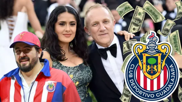 Amaury Vergara con Salma Hayek y su esposo y el logo de Chivas