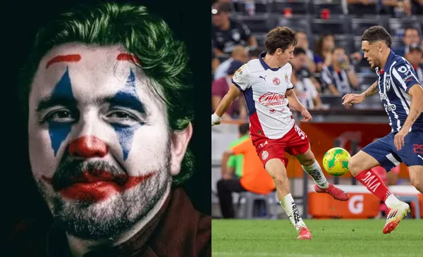 Amaury Vergara pintado la cara, a la derecha, jugador de Chivas intenta quitar la pelota a uno de Rayados (Fuente: Aficionados y Mexsports)