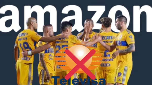 Amazon, equipo de Tigres y logo de Televisa/ Foto: Amazon