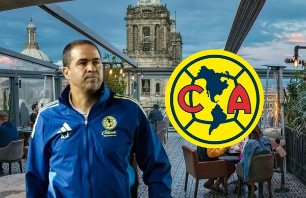 André Jardine y escudo del América/Foto Marco Beteta.