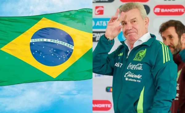Bandera de Brasil flameando, a la derecha, Javier Aguirre saluda (Fuente: Milenio y FMF)