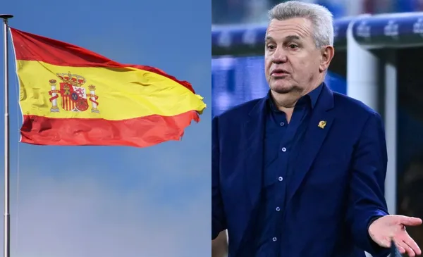 Bandera de España, a la derecha, Javier Aguirre dirige juego de México (Fuente: Marca y Mexsports)