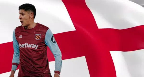 Bandera de Inglaterra de fondo y Edson Álvarez con la playera de West Ham / Evanto