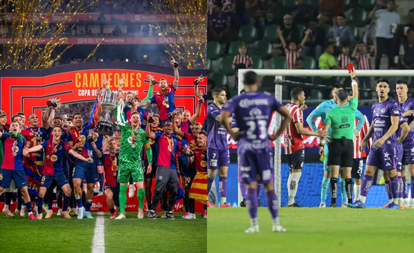 Barcelona festeja título de la Copa, a la derecha, jugadores de Chivas reclaman expulsión (Fuente: Barcelona y Mexsports)