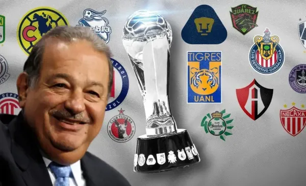 Carlos Slim sonríe, al fondo escudos de los equipo de Liga MX (Fuente: Nación Fútbol)
