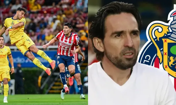 Chivas vs América en el etadio Akron, Cáceres despeja una pelota, a la derecha, Espinoza presentado en Chivas (Fuente: Mexsports y Chivas)