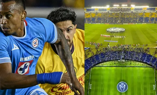 Diego Valdés pelea pelota con un defensa del Azul, a la derecha, postales del estadio vacío (Fuente: Mexsports e ESPN)