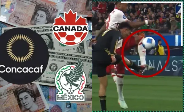 Dinero de fondo con los escudos de Concacaf y México, a la derecha, penal cometido por Álvarez (Fuente: Fut Centro América y Azteca)
