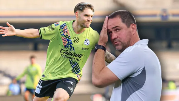 Emiliano Gómez festejando un gol con Puebla y André Jardine dirigiendo al América