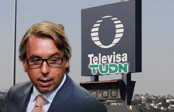 Emilio Azcárraga y logo de Televisa y TUDN/Foto Reuters.