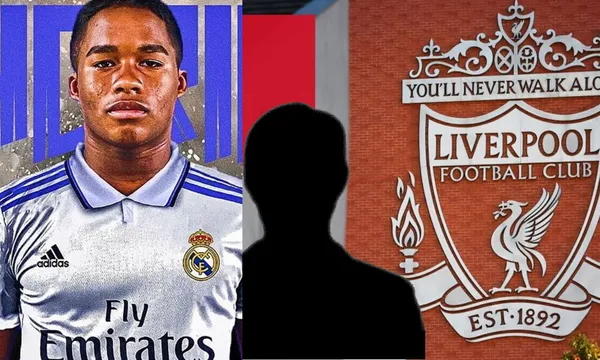 Endrick con la playera del Real Madrid, junto a él una sobra negra y escudo Liverpool / El Futbolero