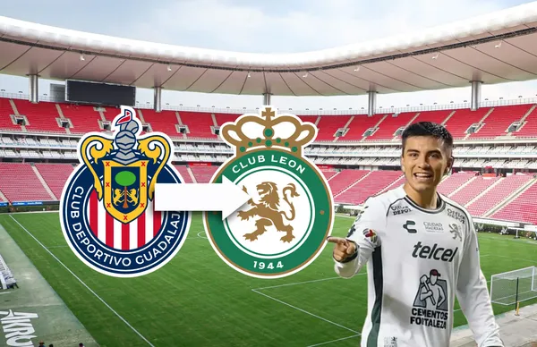 Fernando Beltrán y escudos de Chivas y León/ Foto César Huerta.