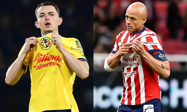 Fidalgo señala el escudo del América, a la derecha, Hernández señala escudo (Fuente: Mexsports)