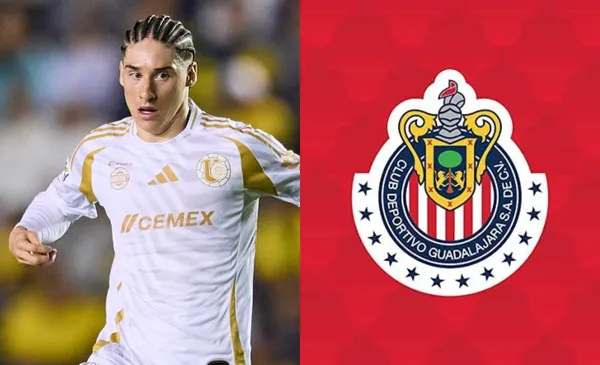 Flores en un juego oficial con Tigres, a la derecha, el escudo de Chivas (Fuente: Mexsports y Chivas)