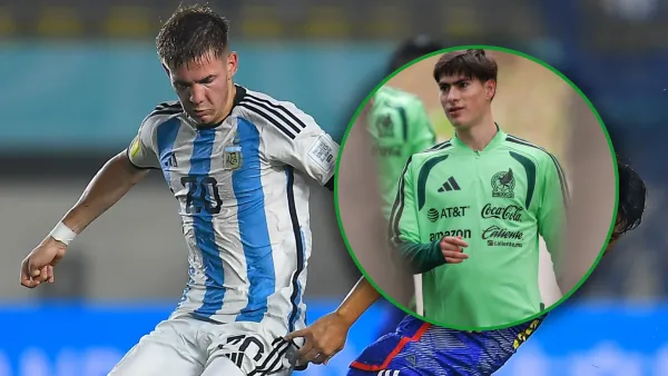 Franco Mastantuono durante un cotejo con la Selección Argentina y Armando González en el entrenamiento de México