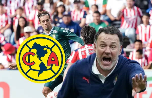 Gabriel Milito, escudo del América y jugadores en partido/Foto Club León.