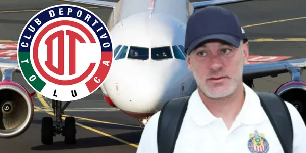 Gabriel Milito junto al escudo del Toluca / FOTO BOLAVIP