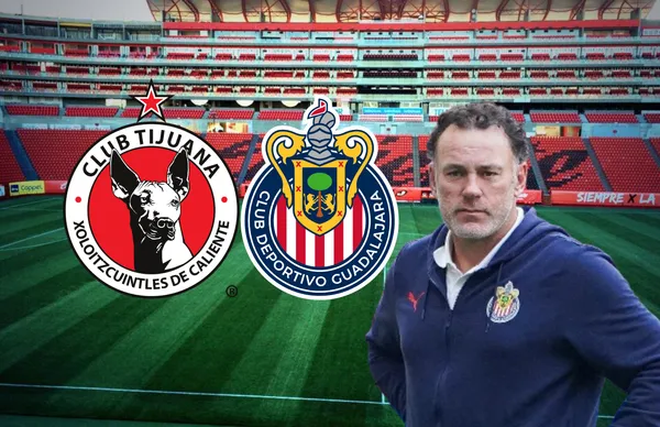 Gabriel Milito y escudos de Chivas y Tijuana /Foto Reporte 32 MX.