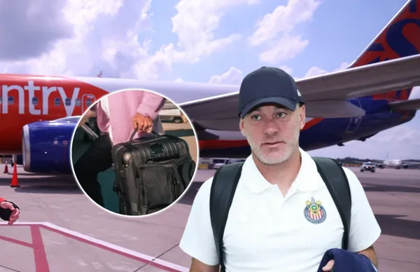 Gabriel Milito y jugador cargando su maleta/ Foto Chivas.