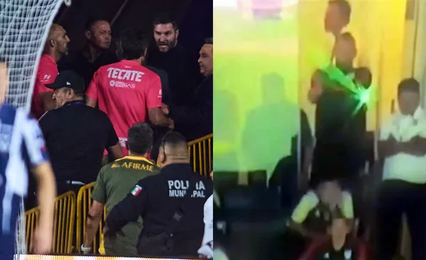 Gignac discute con gente de Rayados, a la derecha, el láser de Nahuel (Fuente: Mexsports y El Norte)