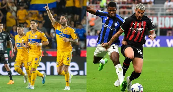 Gignac festeja gol a la derecha, a la izquierda, dos jugadores disputan la pelota en el clásico de Milano (Fuente: Mexsports y Dazn)