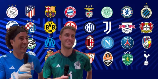 Guillermo Ochoa y Santiago Giménez junto a escudos de clubes europeos / FOTO El Universal