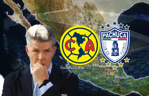 Héctor Iñárritu y logos de América y Pachuca/ Foto Puebla Online.
