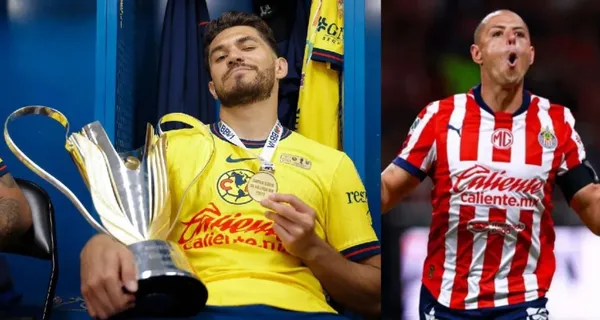 Henry Martín celebra un título con el América, a la derecha, Chicharito se lamenta una falla (Fuente: Henry Martín Instagram y Mexsports)