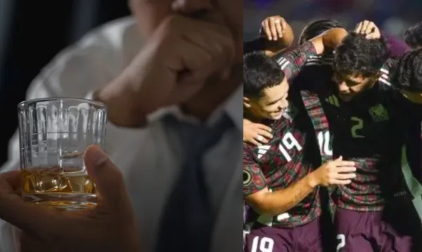 Hombre con un vaso, a la derecha, jugadores mexicanos festejan (Fuente: Free Pick y Mexsports)