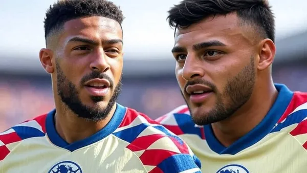 Ilustración de Denis Bouanga y Alexis Vega con la playera del América