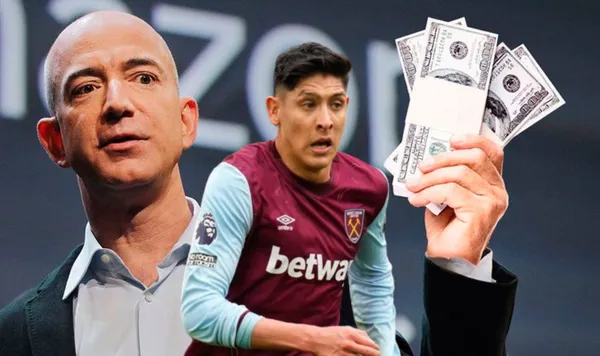 Jeff Bezos mostrando dinero en una conferencia y Edson Álvarez al frente / Amazon