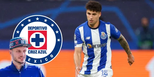 Jorge Sánchez en partido con el Porto; escudo del Cruz Azul y Martín Anselmi sonriendo. Foto: Sopitas.