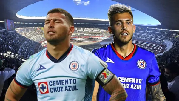 Juan Escobar-Gonzalo Piovi-Cruz Azul, de fondo el Estadio de los Deportes/FOTO La Máquina de los Deportes