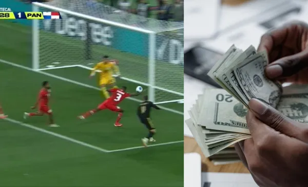 Jugada de José Córdoba en la que mete la mano, a la derecha, hombre cuenta dinero (Fuente: Azteca y Mundi)