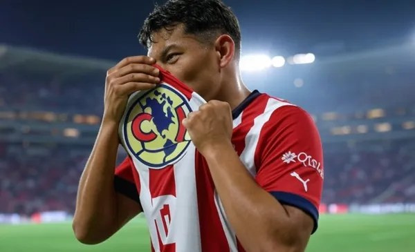 Jugador besando el escudo del América, mientras está con la de Chivas (Fuente: Grok)
