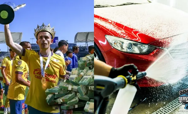 Jugador de América levanta copa, a la derecha, lavadora de coches (Fuente: IA X y Lava Server)