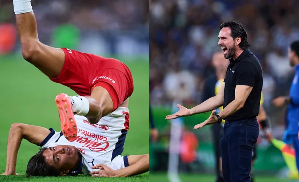 Jugador de Chivas de cabeza, a la derecha, Espinoza grita (Fuente: Mexsports)