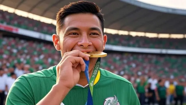 Jugador de México mordiendo la medalla olímpica