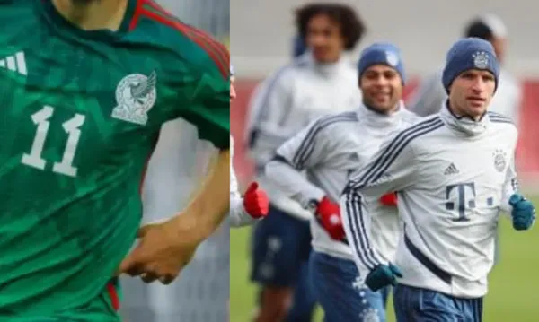 Jugador mexicano con la playera del Tri, a la derecha, práctica del Bayern Múnich (Fuente: Mexsports y Bayern )