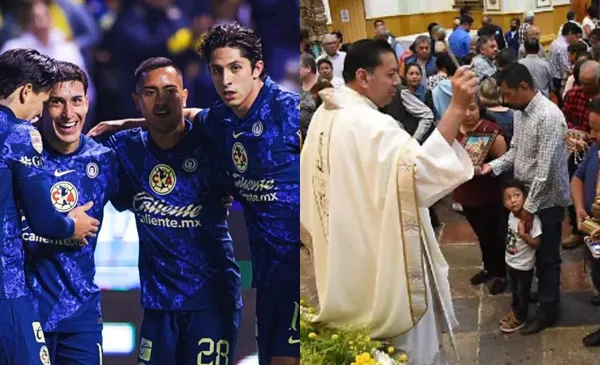 Jugadores de América celebran, a la derecha, religioso manda agua bendita (Fuente: Mexsports y el Sol de México)